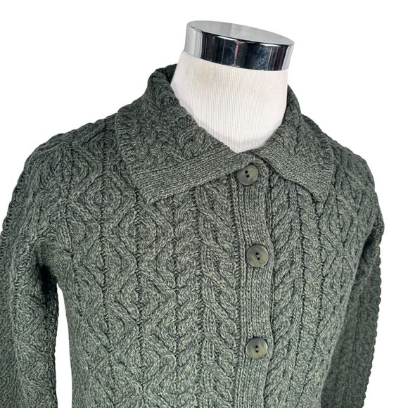 Aran Crafts Cardigan Sweater Women's Small Green Irish Merino Wool Button New - Picture 2 of 9